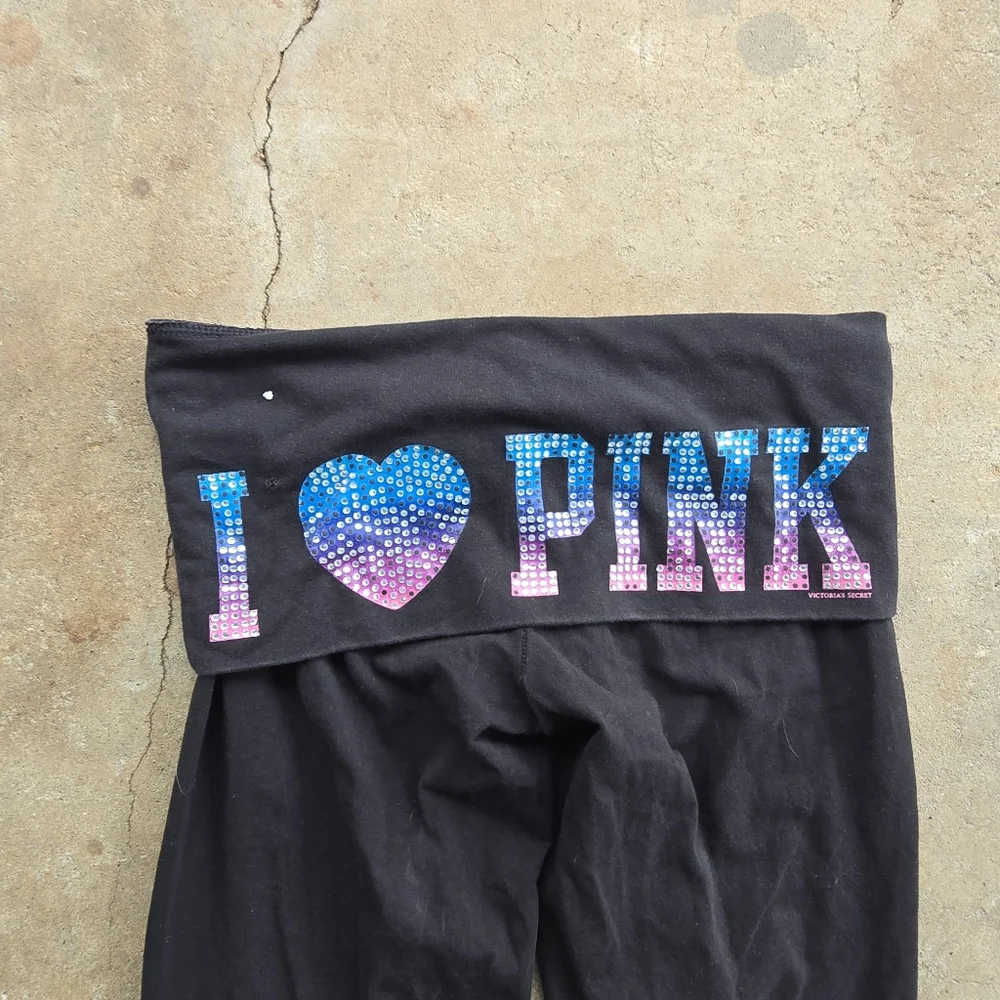 Y2k Victoria's Secret VS PINK VTG Foldover Yoga Leggings I Heart Pink Bling - Picture 5 of 7